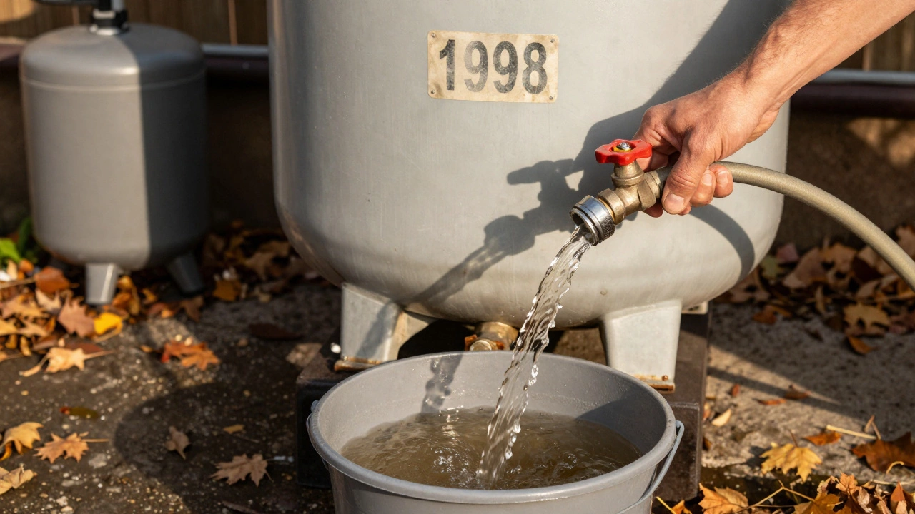 Garden hose draining cloudy water from a water heater tank into a bucket outdoors.