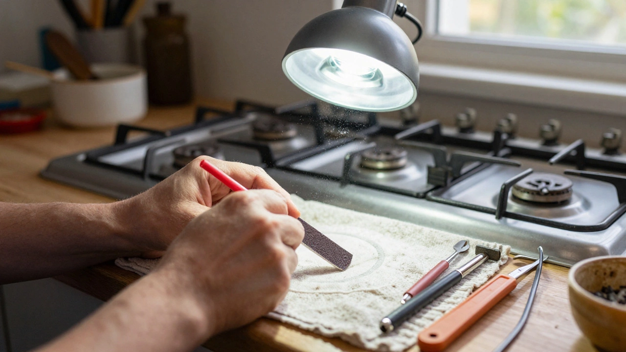 Hand cleaning a thermocouple with sandpaper in a kitchen.