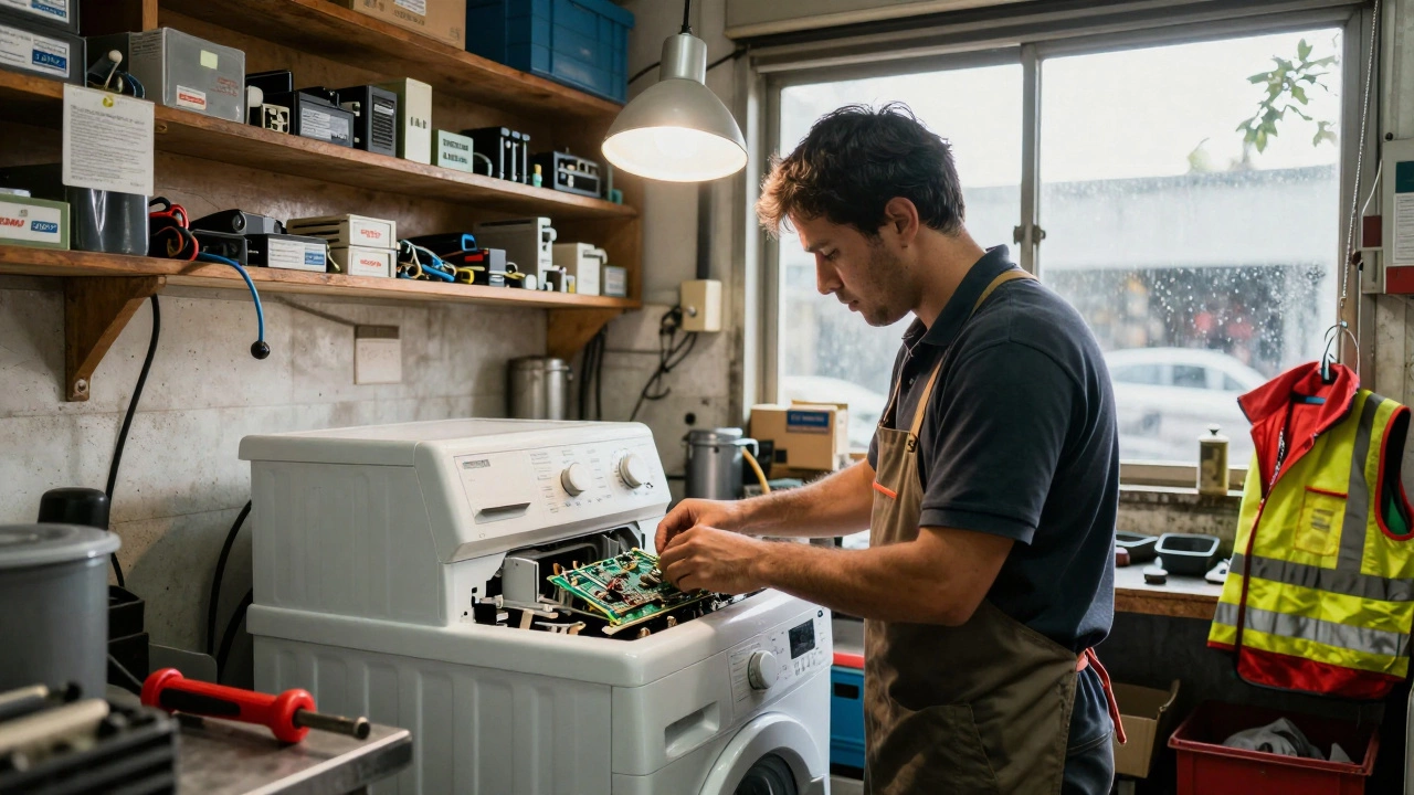 Repair shop technician replacing a circuit board in a washing machine surrounded by spare parts.