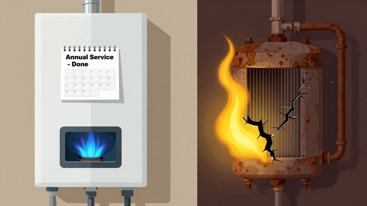 Side-by-side comparison of a well-serviced boiler versus a neglected one with visible damage.