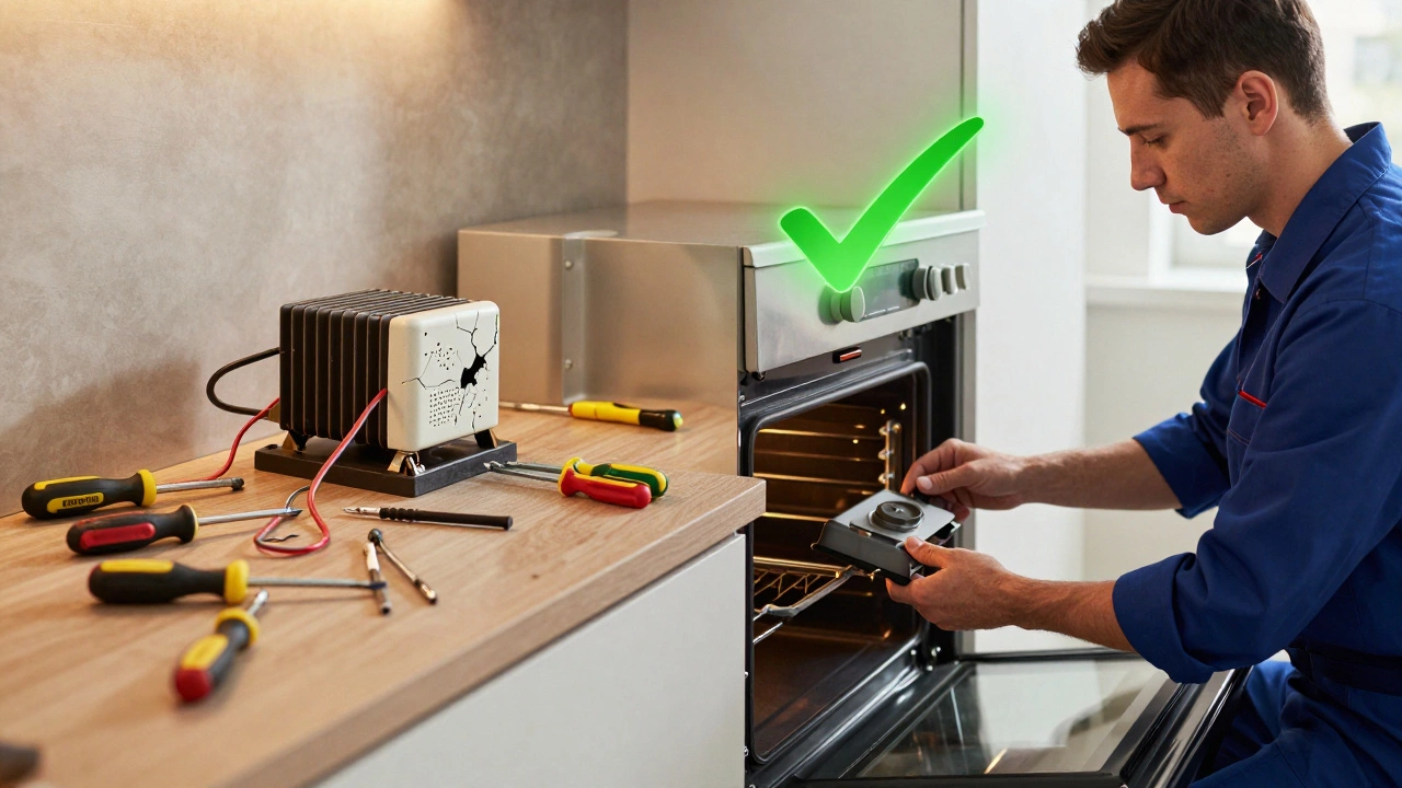 Split image comparing messy DIY repair to professional oven repair.