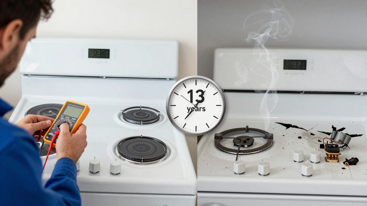Split image: well-maintained stove on left, failing stove on right, with a 13-year clock in center.
