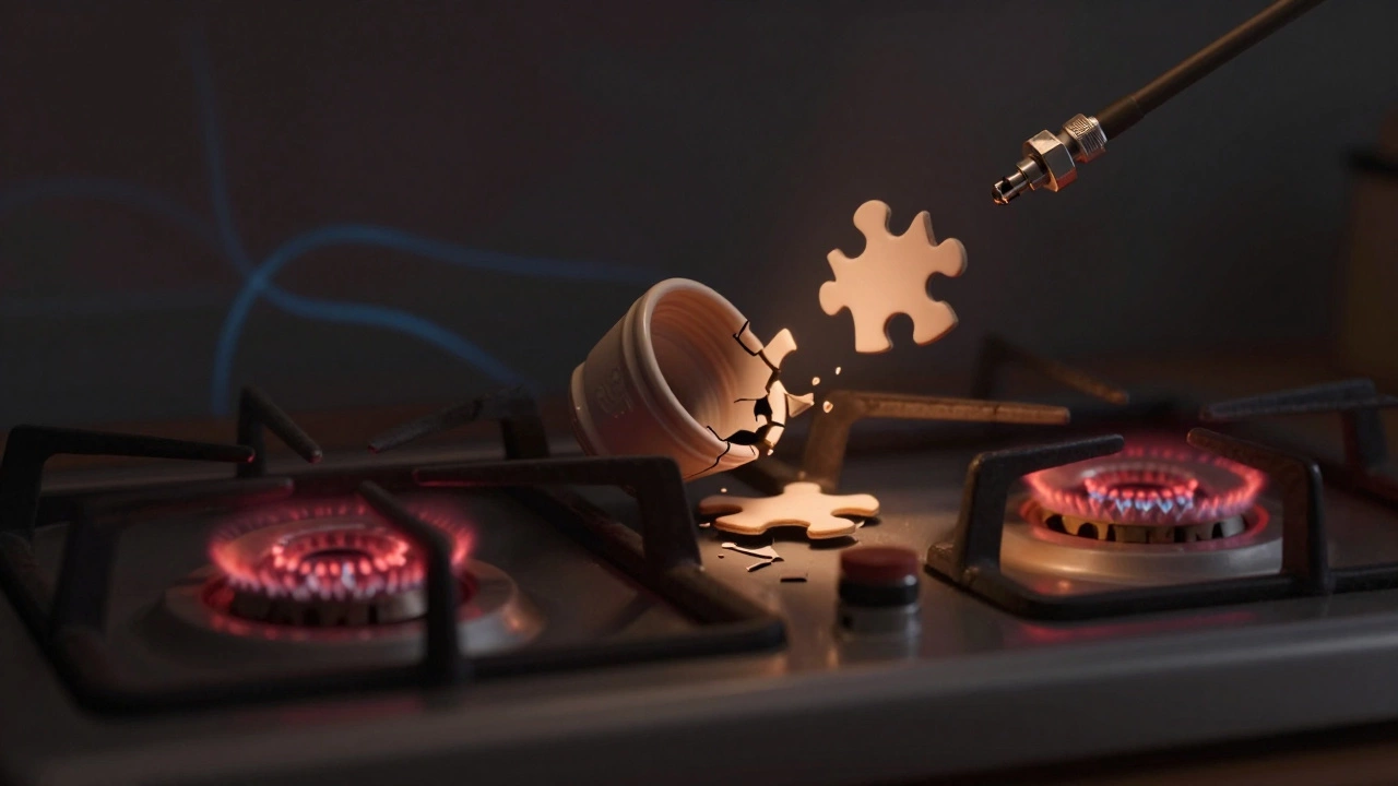 Symbolic broken components of a failed gas hob ignition system.