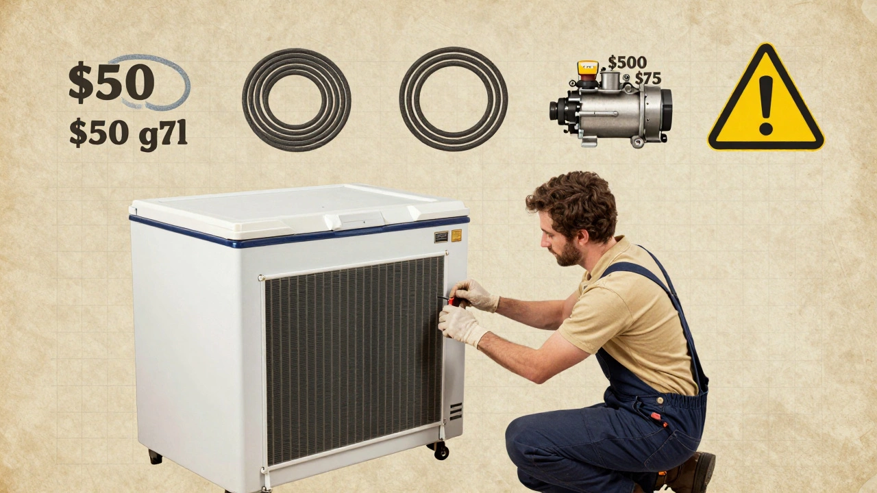 Vintage-style panel showing freezer repair costs and warning signs for major failures.