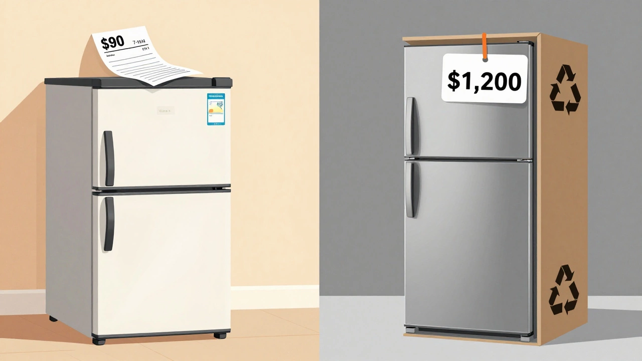 A 7-year-old fridge freezer with a repair receipt beside a new fridge in a box and a landfill icon.