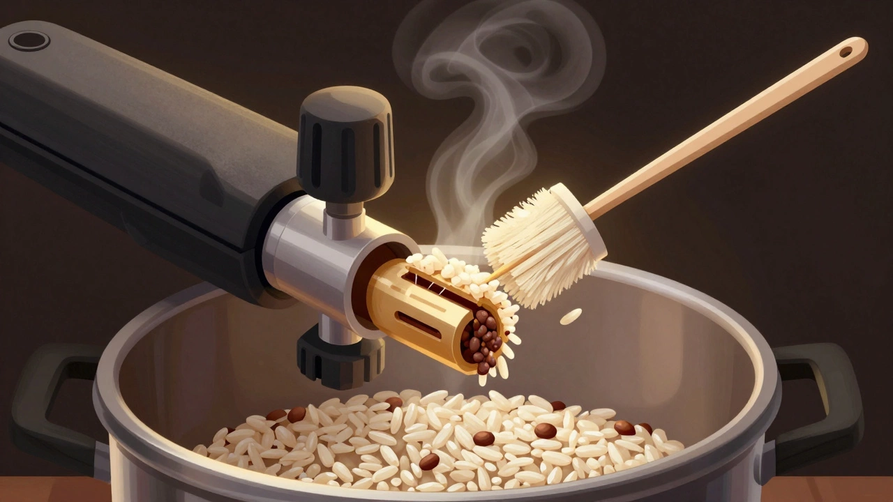 A clogged pressure valve being cleaned with a toothpick and brush.