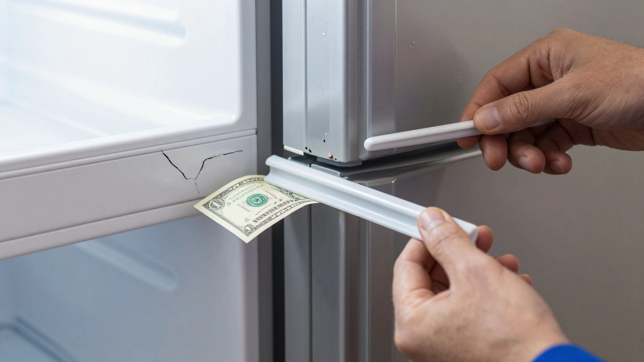 A cracked fridge door seal with a dollar bill slipping out, and a new seal ready for replacement.