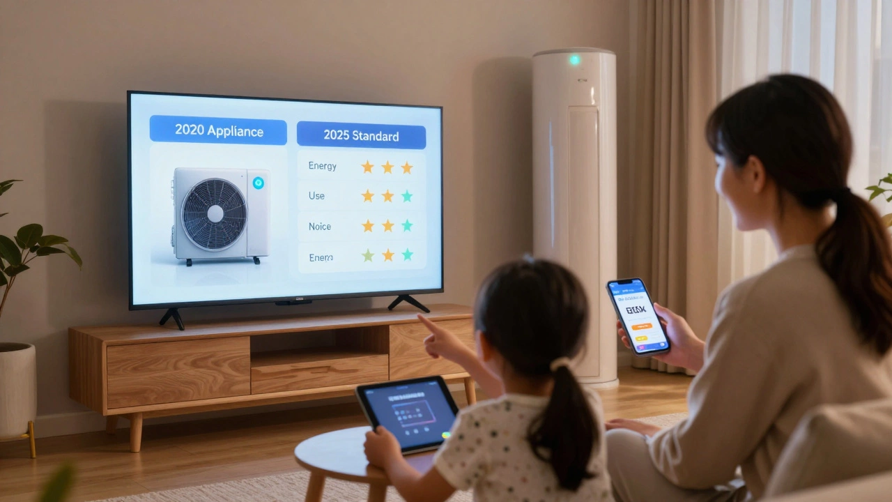 A family examines energy savings on a tablet, pointing to a high-star heat pump in their home.
