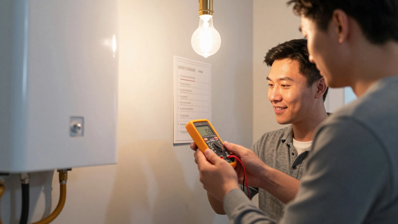 A homeowner using a multimeter to test a water heater element while someone watches the reset button.
