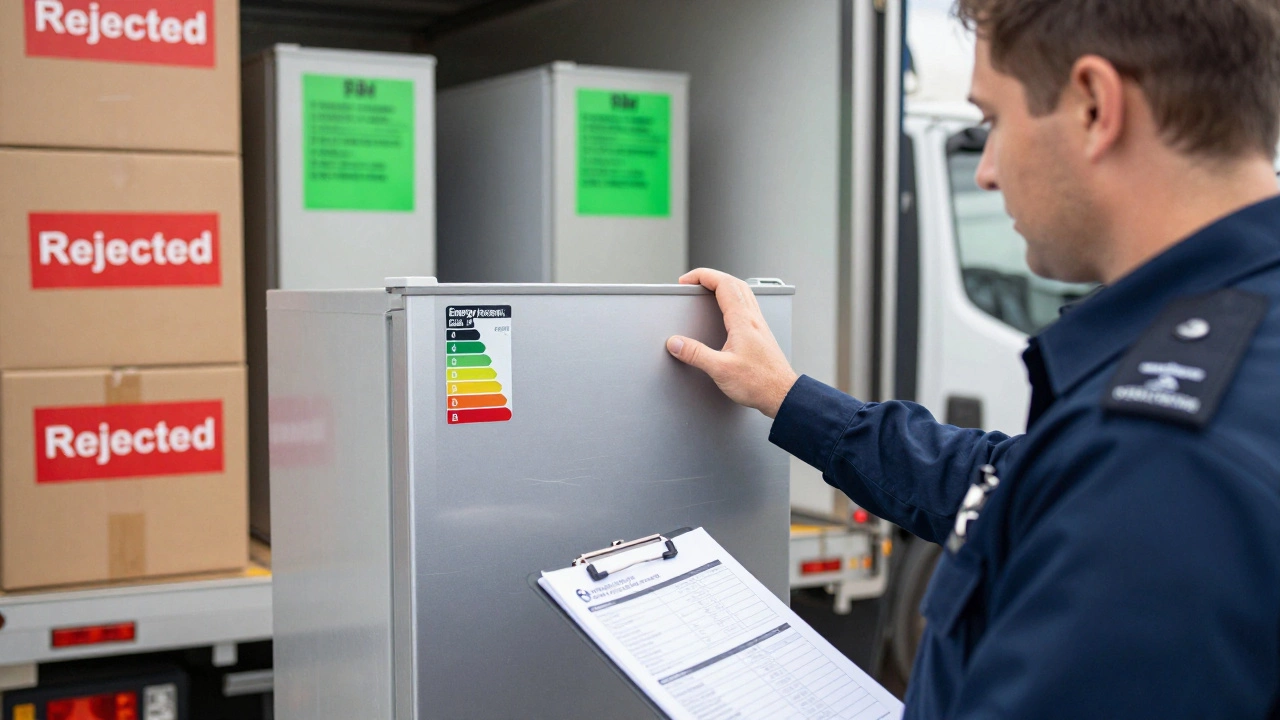 An official inspects appliances at a port, rejecting non-compliant units with red stickers.