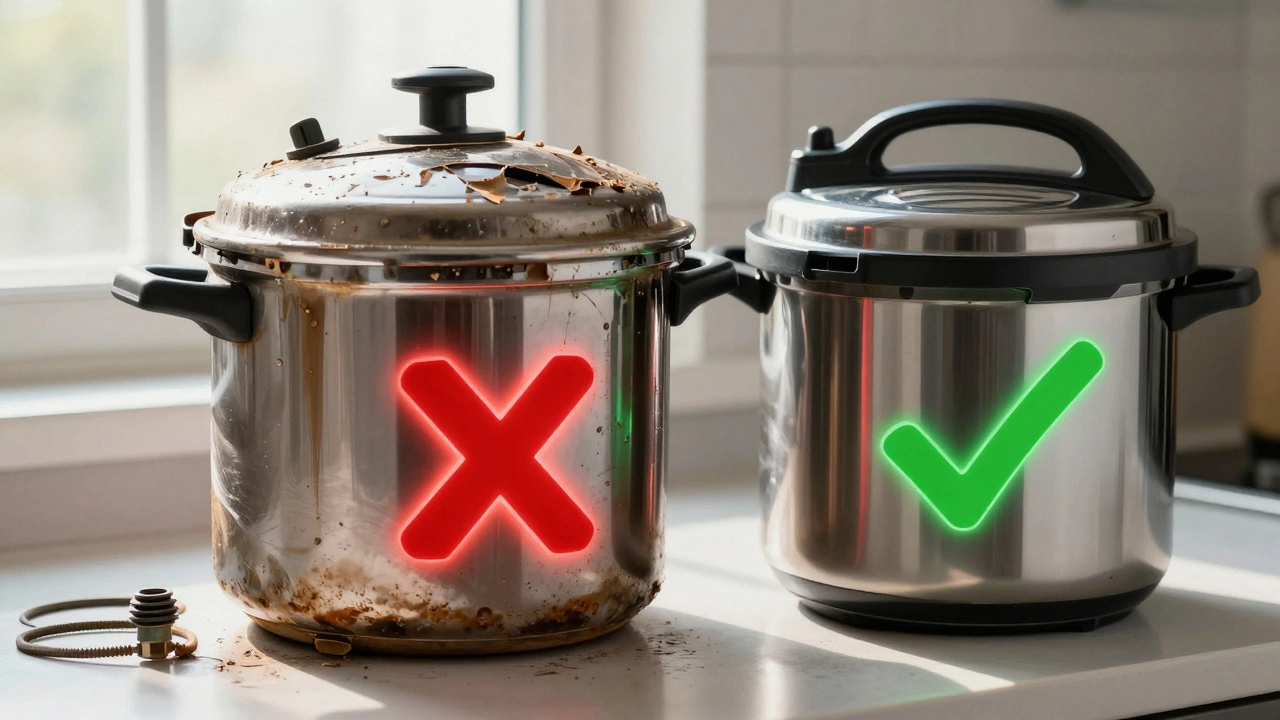 An old, damaged pressure cooker next to a new one, symbolizing replacement.