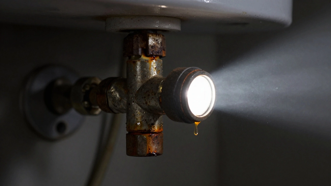 Close-up of a corroded pressure relief valve with a rusty water droplet forming.