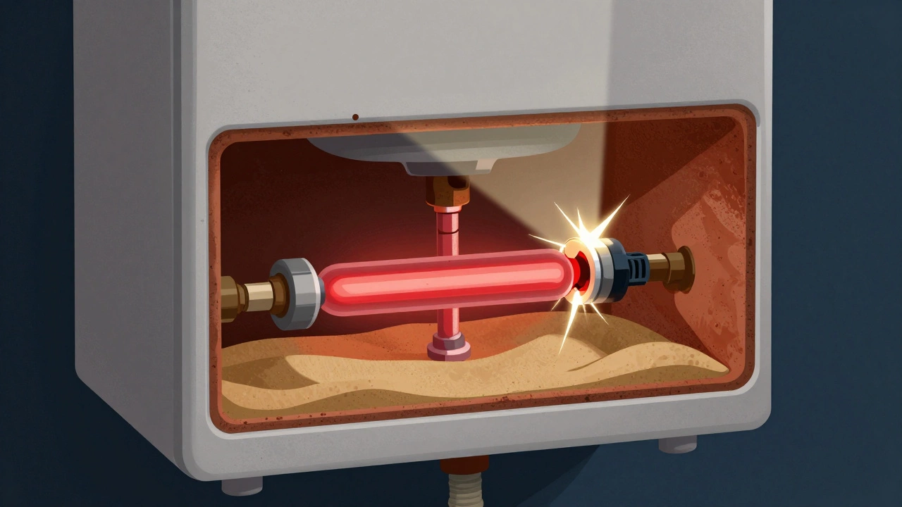 Cross-section of a water heater showing sediment buildup and an overheating element with a tripped safety switch.