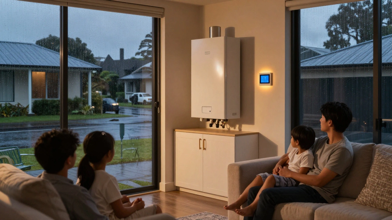 Family relaxing in a warm living room with modern boiler hidden behind cabinet.