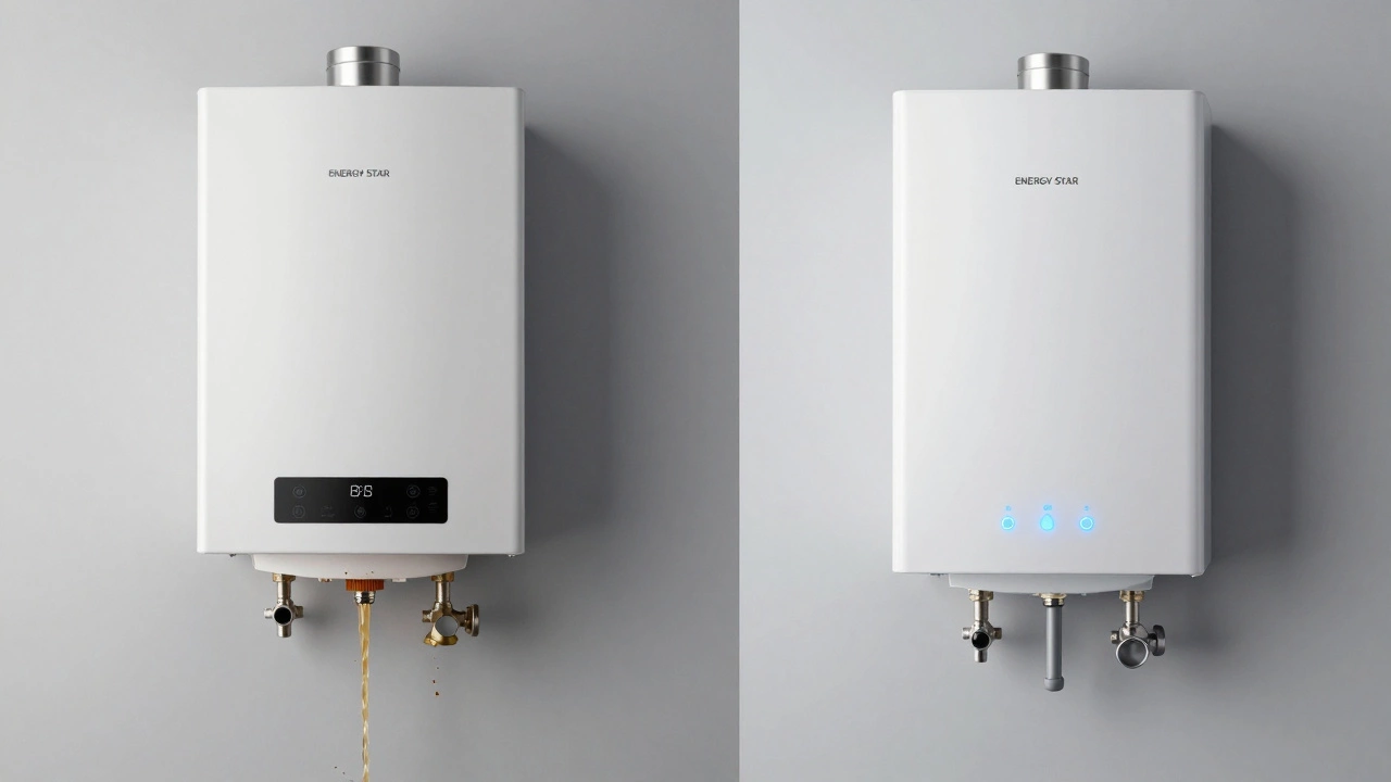 Old water heater next to a modern tankless unit, showing the contrast in design and technology.