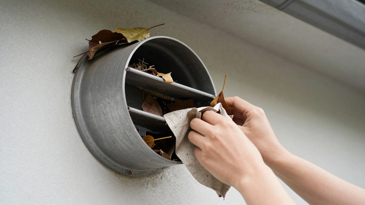 Outdoor vent blocked by leaves and bird nest.