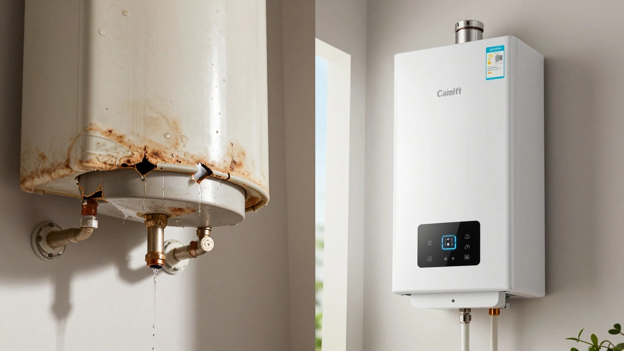 Side-by-side: an old leaking water heater versus a modern efficient heat pump model.