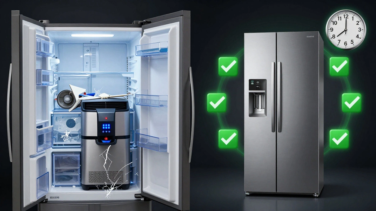 Side-by-side comparison: faulty luxury fridge vs. durable simple model with 15-year lifespan.