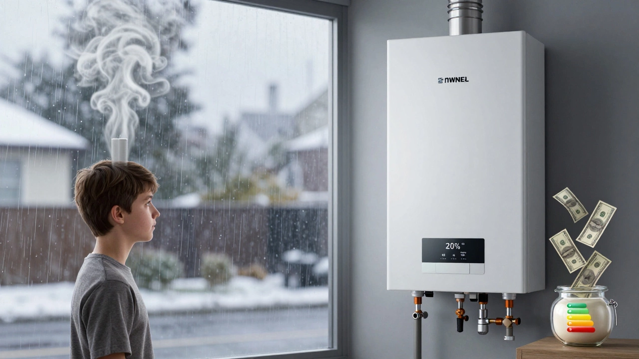 Split-screen: old boiler wasting energy vs. new efficient boiler saving money.