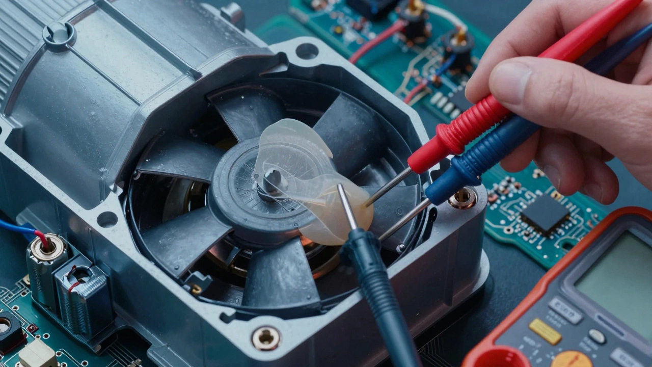 Swollen capacitor being tested with multimeter.