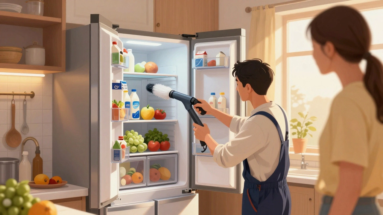 Technician cleaning condenser coils of a Whirlpool refrigerator in a warm home kitchen.