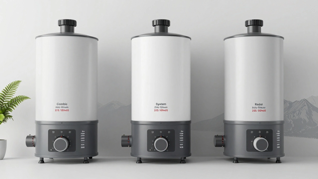 Three types of boilers displayed side by side with price labels, set against a subtle New Zealand landscape background.