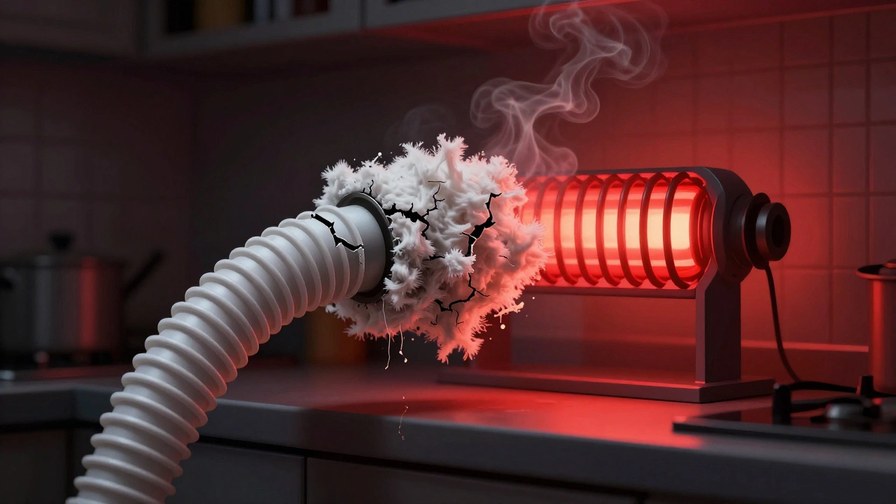 A clogged dryer vent with lint buildup and glowing heating element, emitting smoke.