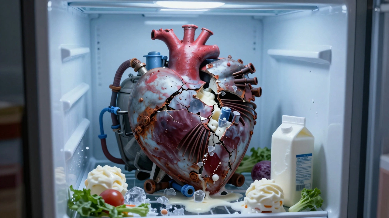A fridge depicted as a broken heart with melting food and leaking refrigerant, symbolizing compressor failure.