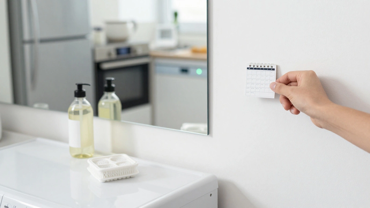 A hand placing a maintenance reminder sticker next to a washing machine with cleaning supplies nearby.