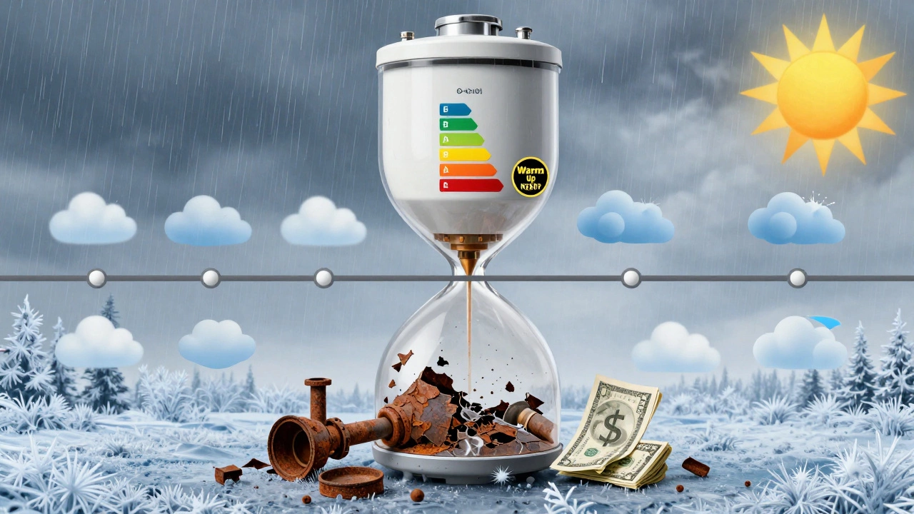 A melting timeline showing a new efficient boiler transforming into corroded parts and repair costs.