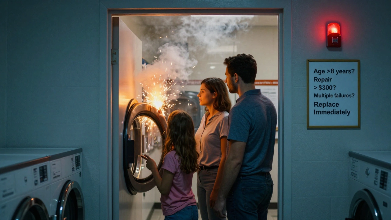 A smoking dryer with a flashing fire alarm, beside a safety checklist urging replacement due to age and failure.