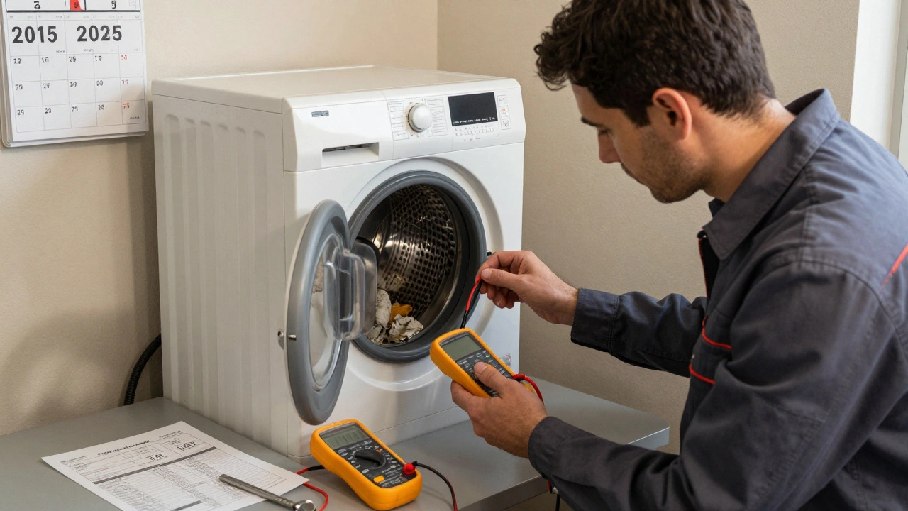 A technician checking a faulty dryer with tools and a service quote, with a 2014 manufacture date visible on a calendar.
