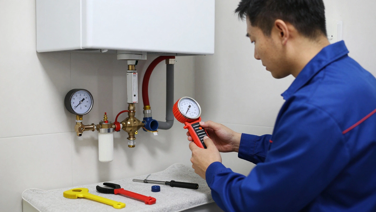 A technician performing a boiler service using a gas analyzer, with pressure gauge and magnetic filter visible.