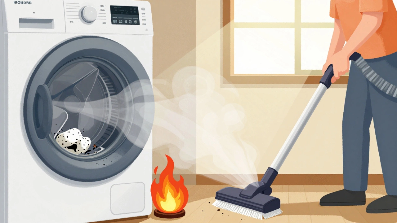 Contrasting scenes of a dangerous clogged dryer vent versus safe maintenance to prevent fires.