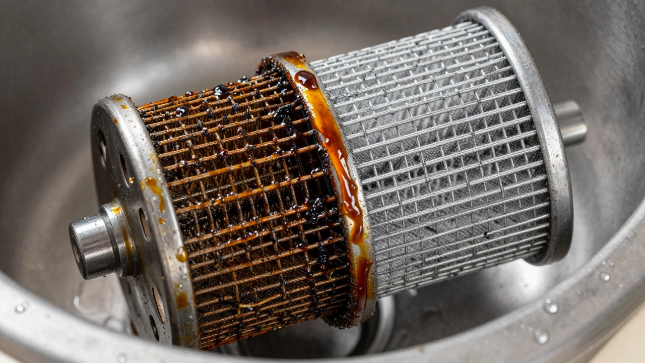 Dirty grease filter beside a clean metal mesh filter on a sink