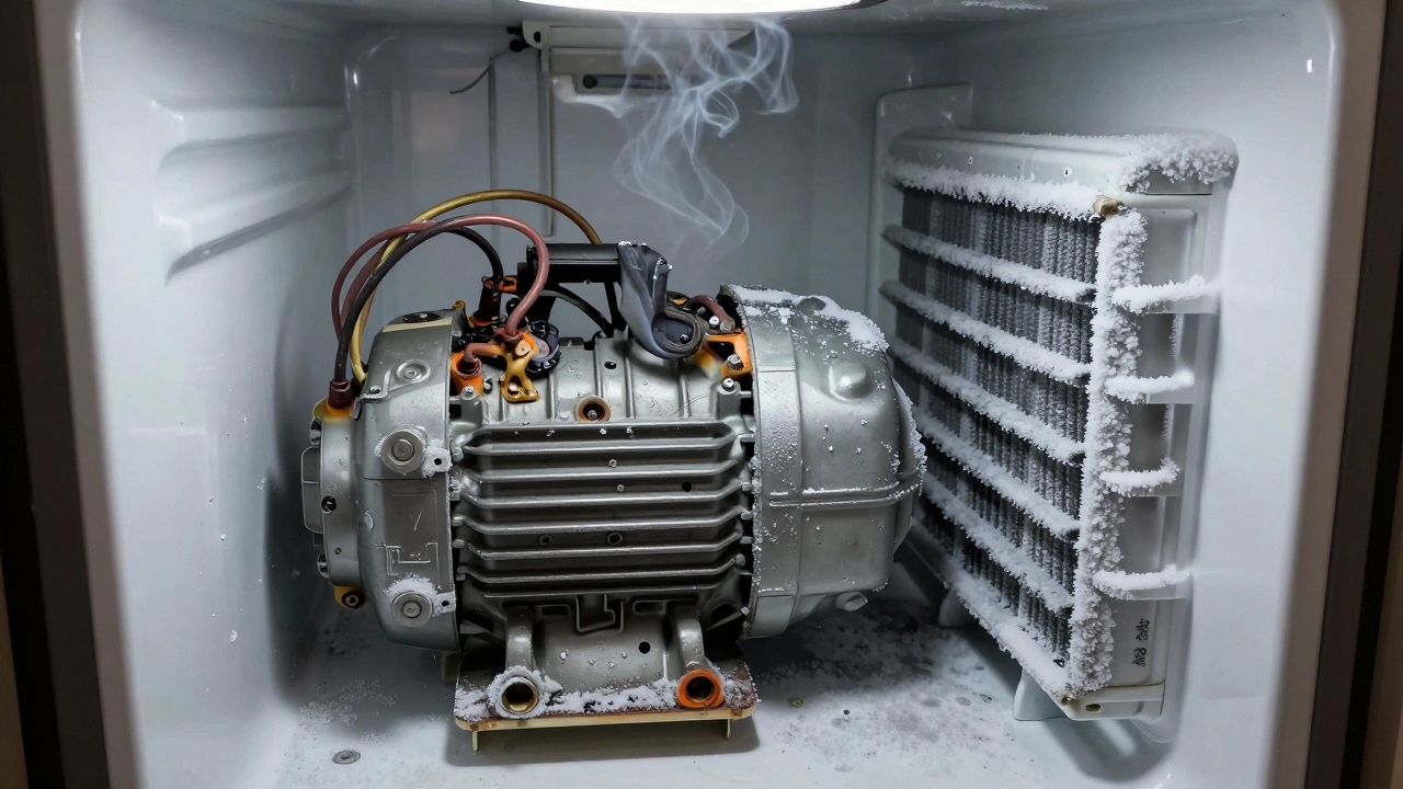 Exposed compressor with burnt wiring and frost buildup on evaporator coils, smoke rising from damaged components.