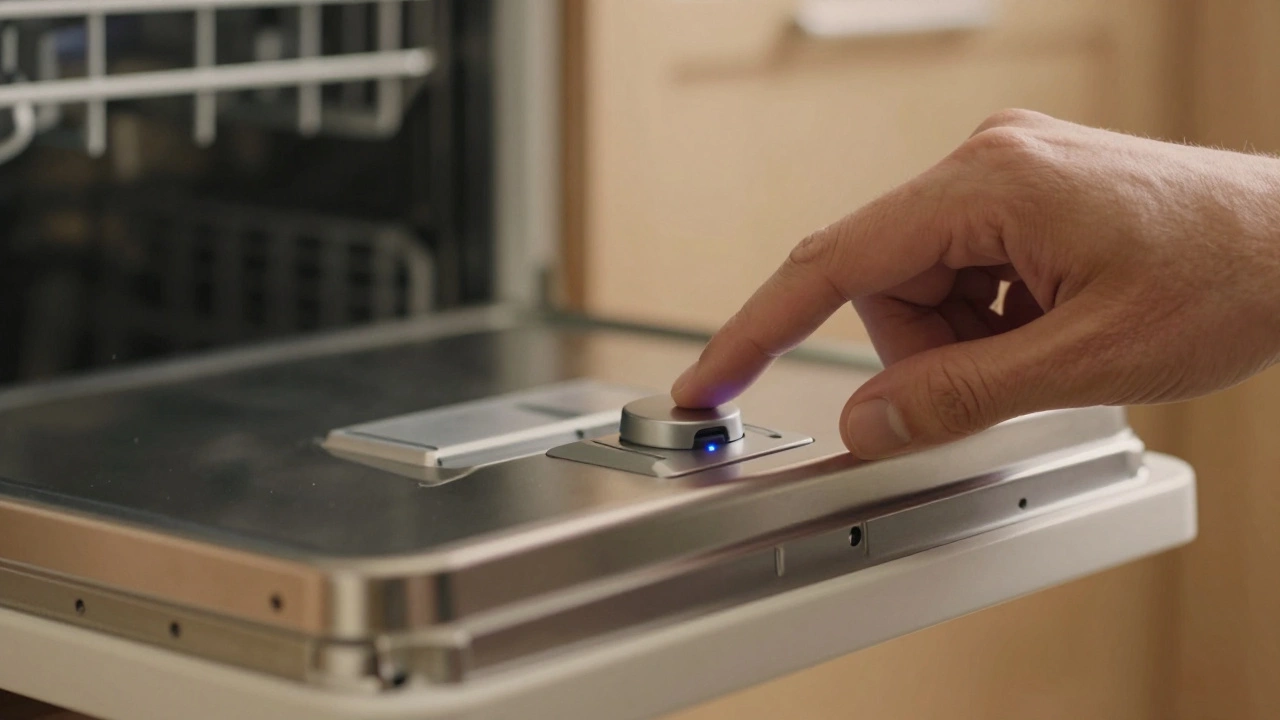 Hand pressing hidden reset button under dishwasher door, blue LED glowing faintly.