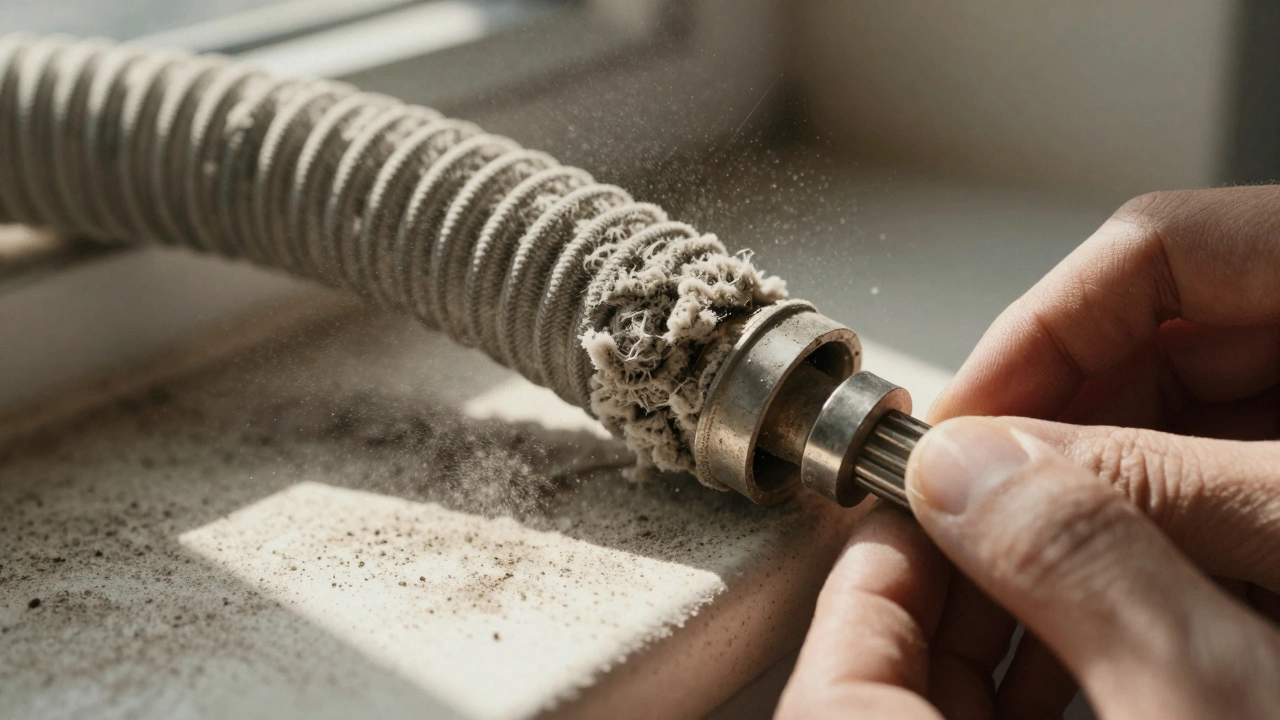Macro view of lint clogging ventilation hose highlighting safety risk.