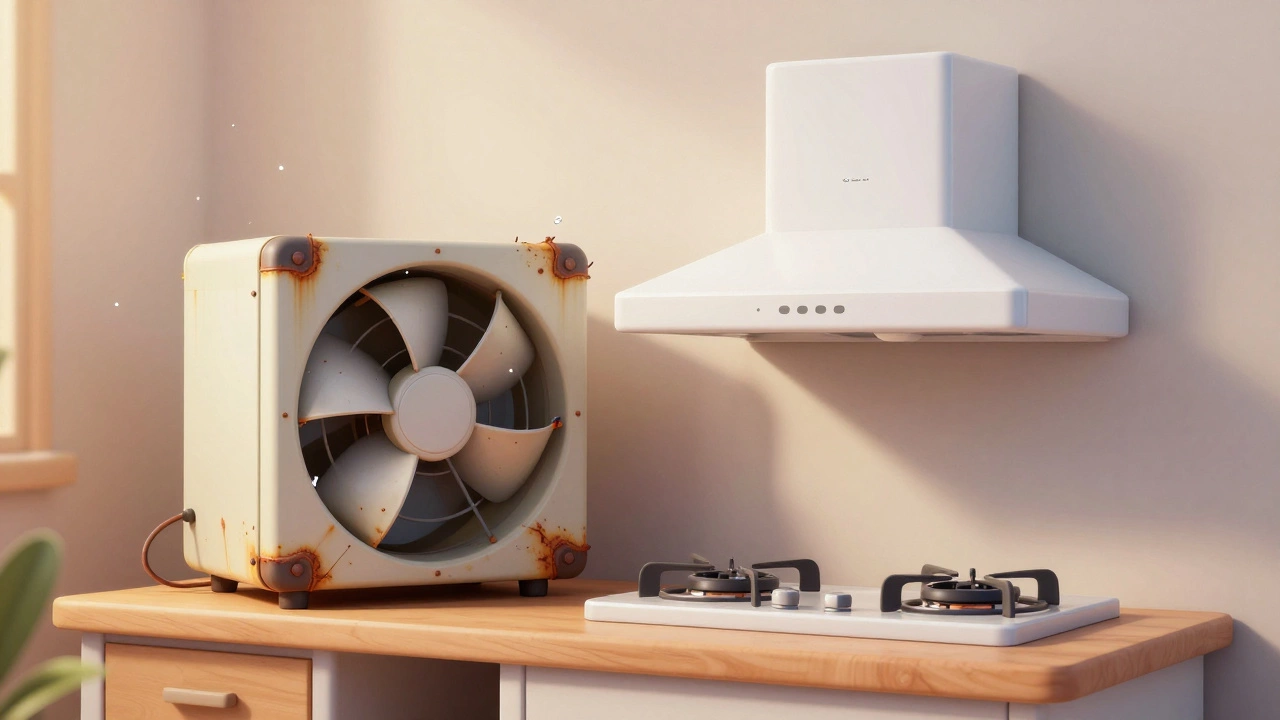 Old rusty extractor fan next to a new modern ventilation unit