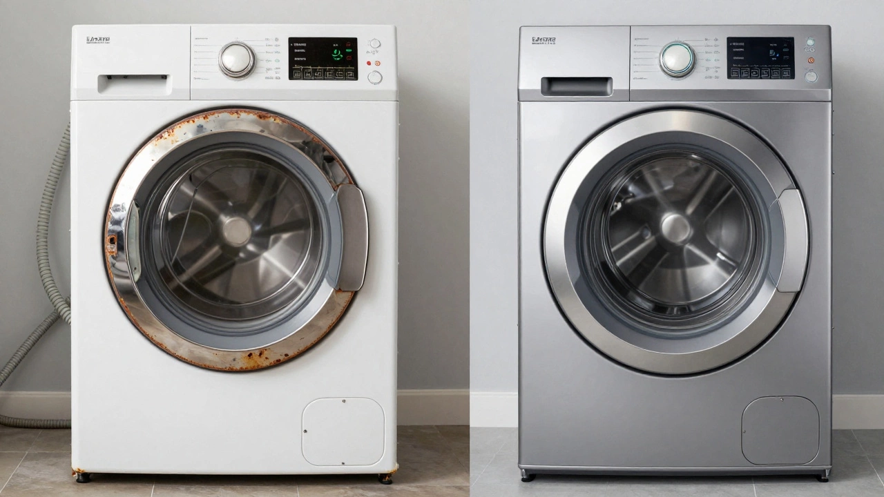 Side-by-side comparison of an aging faulty dryer and a modern efficient dryer.
