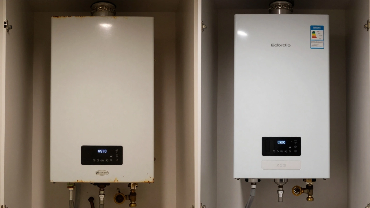 Side-by-side comparison of an old boiler without a condensate pipe and a modern efficient condensing boiler.