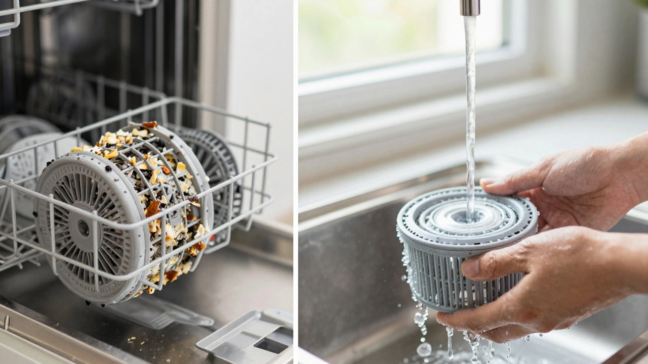 Side-by-side view of dirty and clean dishwasher filter under running water.