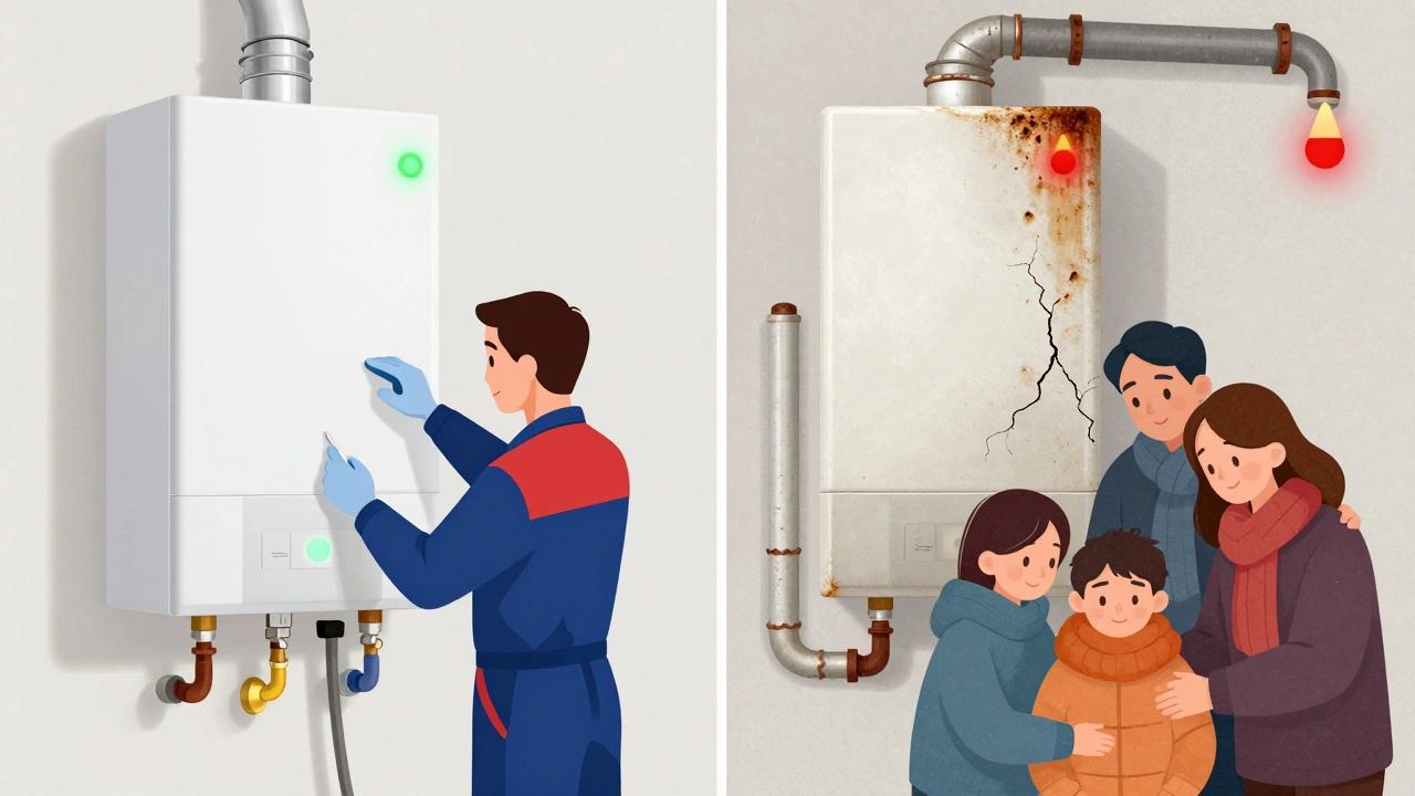 Split image comparing a well-serviced boiler with a neglected one, showing efficiency versus failure.