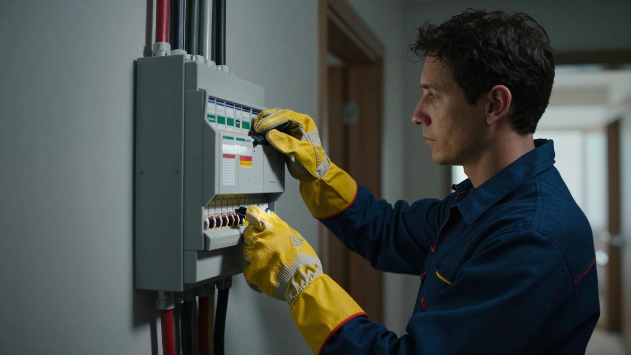 Technician with insulated gloves near electrical fuse box.