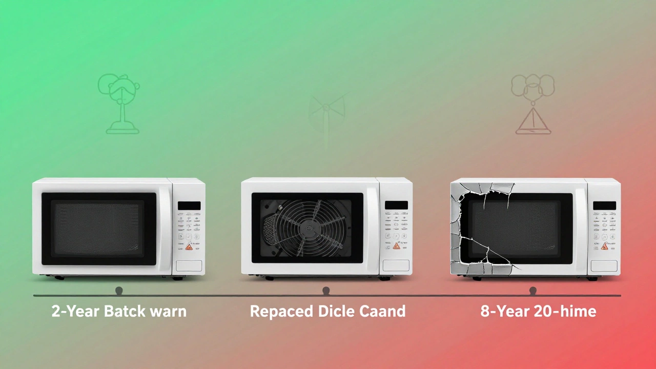 Timeline showing microwave lifespan from new to aged, with component health indicators and warning signs.