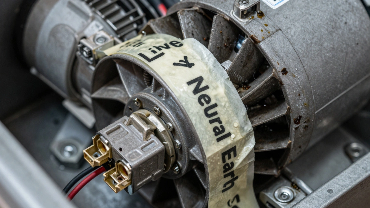 Worn motor being disconnected with labeled wiring and grease residue visible