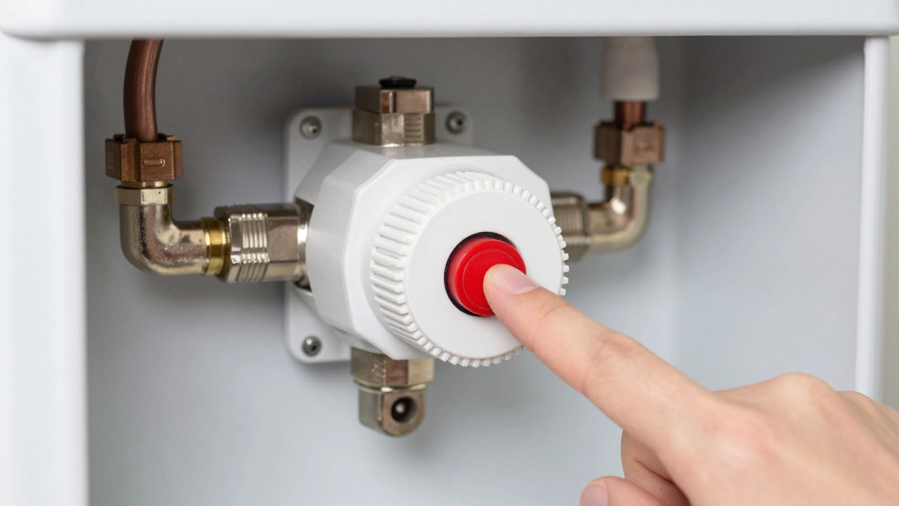 A close-up of a finger pressing the red reset button on a water heater thermostat