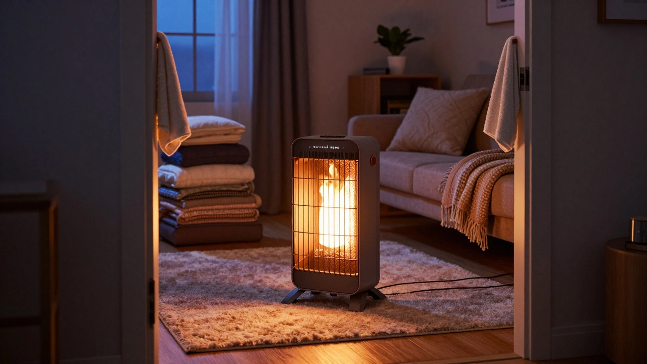 A cozy living room set up as a warm zone with a space heater and blankets.