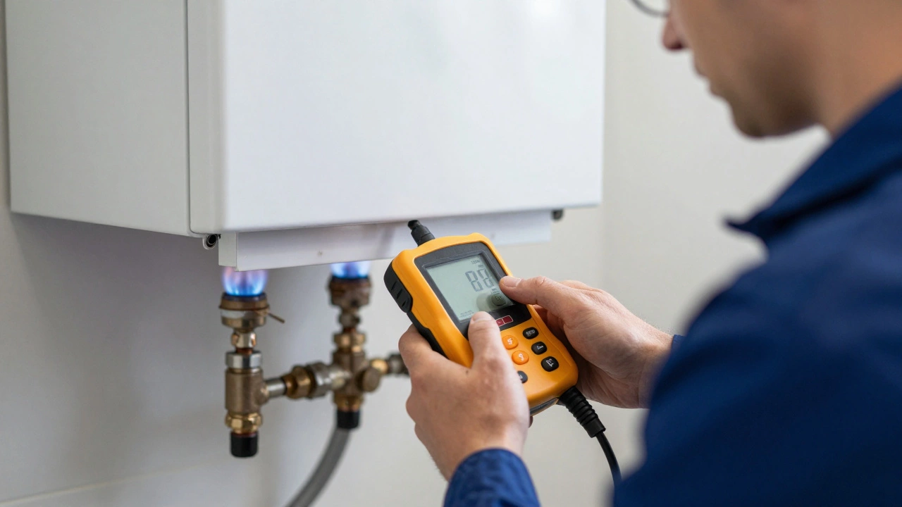A heating engineer using a gas leak detector to perform a boiler safety check.
