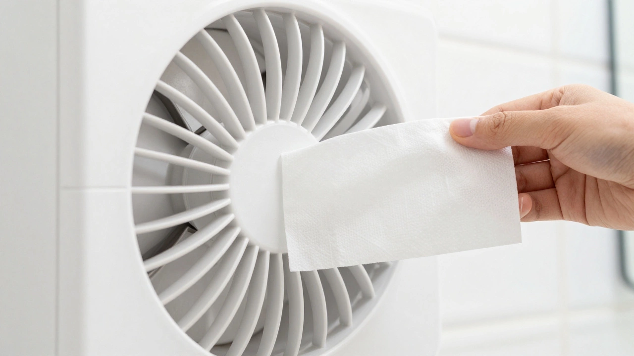 A tissue being held against a fan grille to test if the suction is working correctly